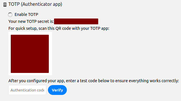 Enabled TOTP showing the QR code and the TOTP secret