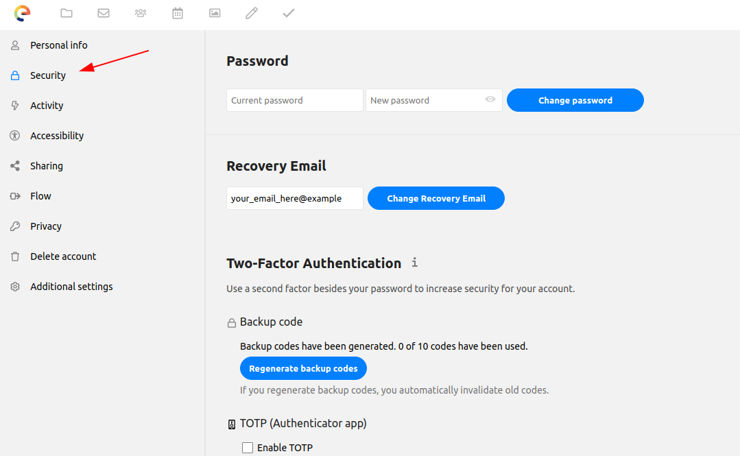 Murena Workspace screen showing where is the security tab