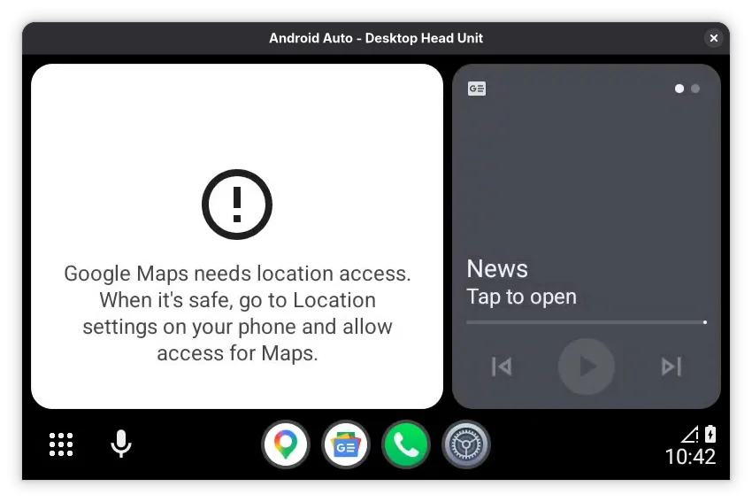 Fenêtre Desktop Head Unit montrant l’interface complète d’Android Auto : grille d’applications, une carte News, et un avertissement indiquant que Google Maps nécessite l’accès à la localisation