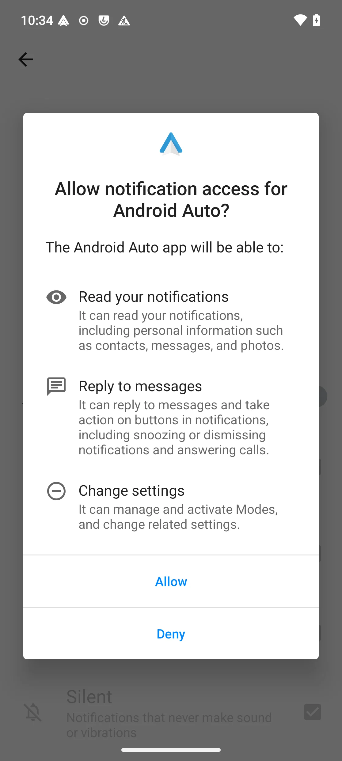 Boîte de dialogue de confirmation : «Allow notification access for Android Auto?» listant ce que l’application pourra faire