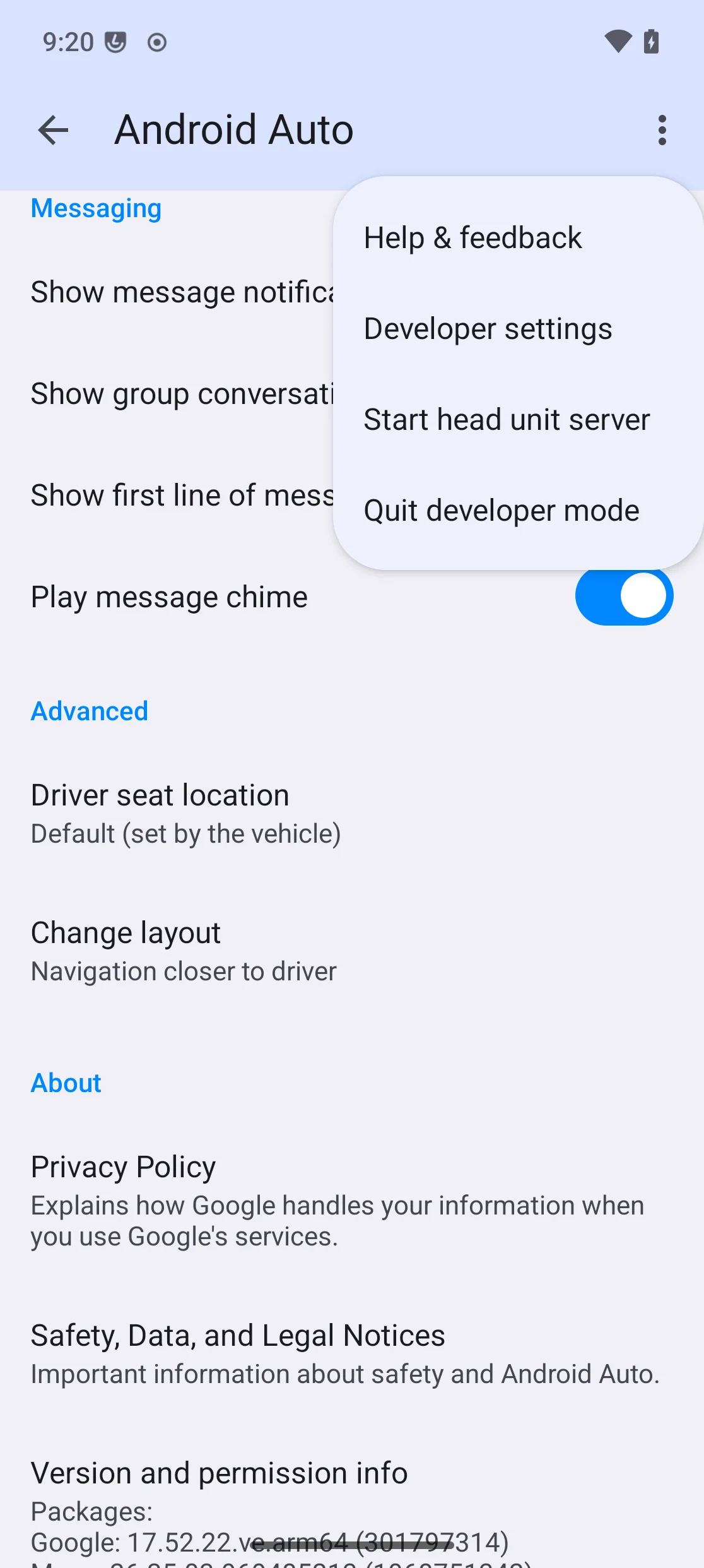 Menu d’options montrant Help & feedback, Developer settings, Start head unit server, Quit developer mode