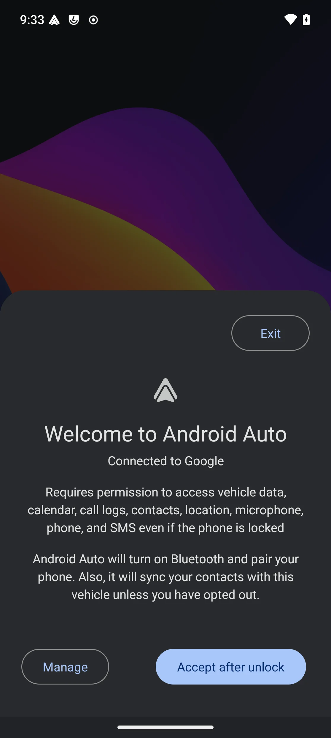 Écran de consentement d’Android Auto «Welcome to Android Auto / Connected to Google» avec un bouton «Accept after unlock»