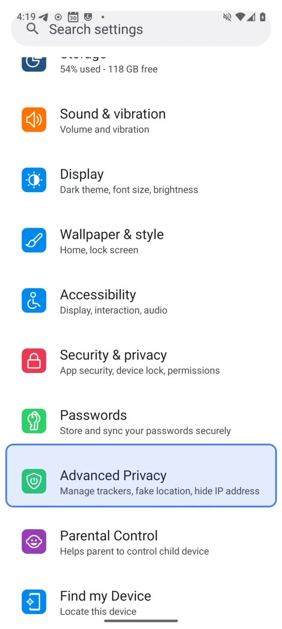 Advanced Privacy entry in the system settings