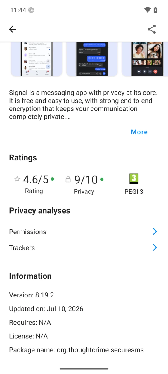 Privacy rating and analyses on an app detail page