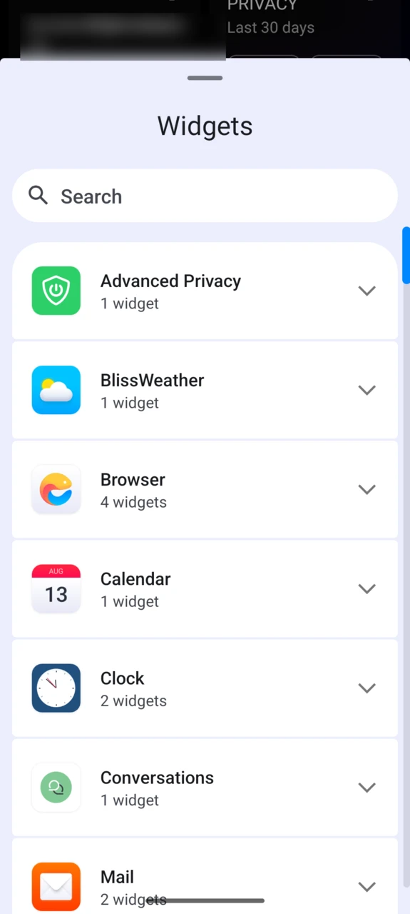 The widget picker listing available widgets per app