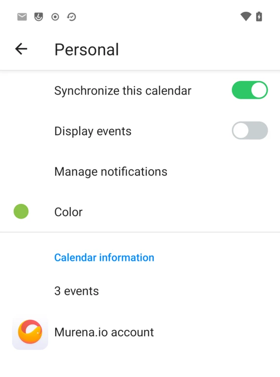 Per-calendar settings: synchronize this calendar, display events, manage notifications, and color