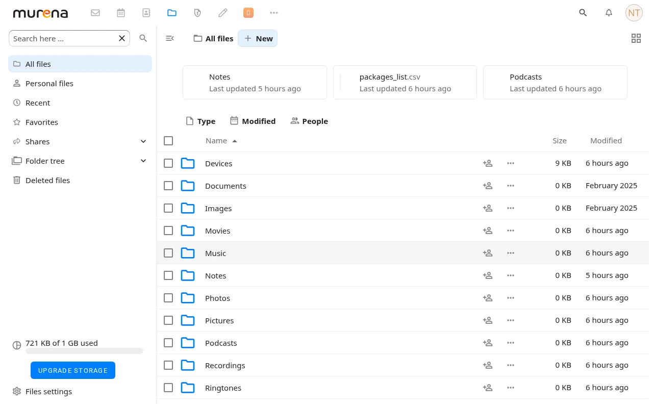 The folders eDrive keeps in sync, seen in the murena.io Files app
