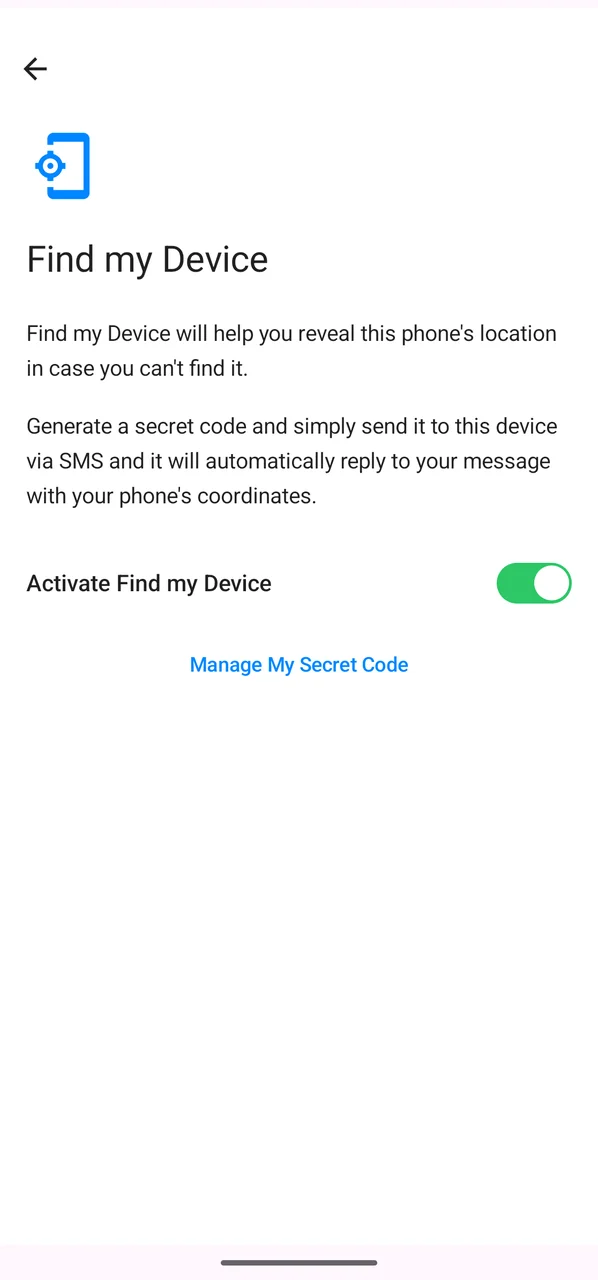 Find my Device activated, with Manage My Secret Code