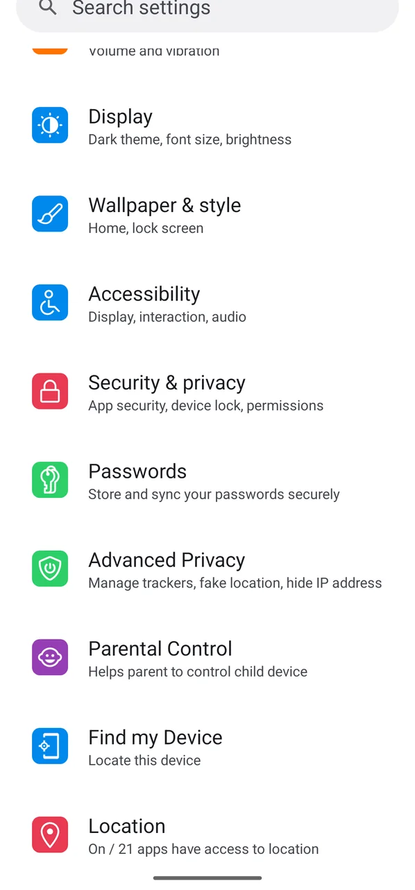 The Find my Device entry in /e/OS Settings
