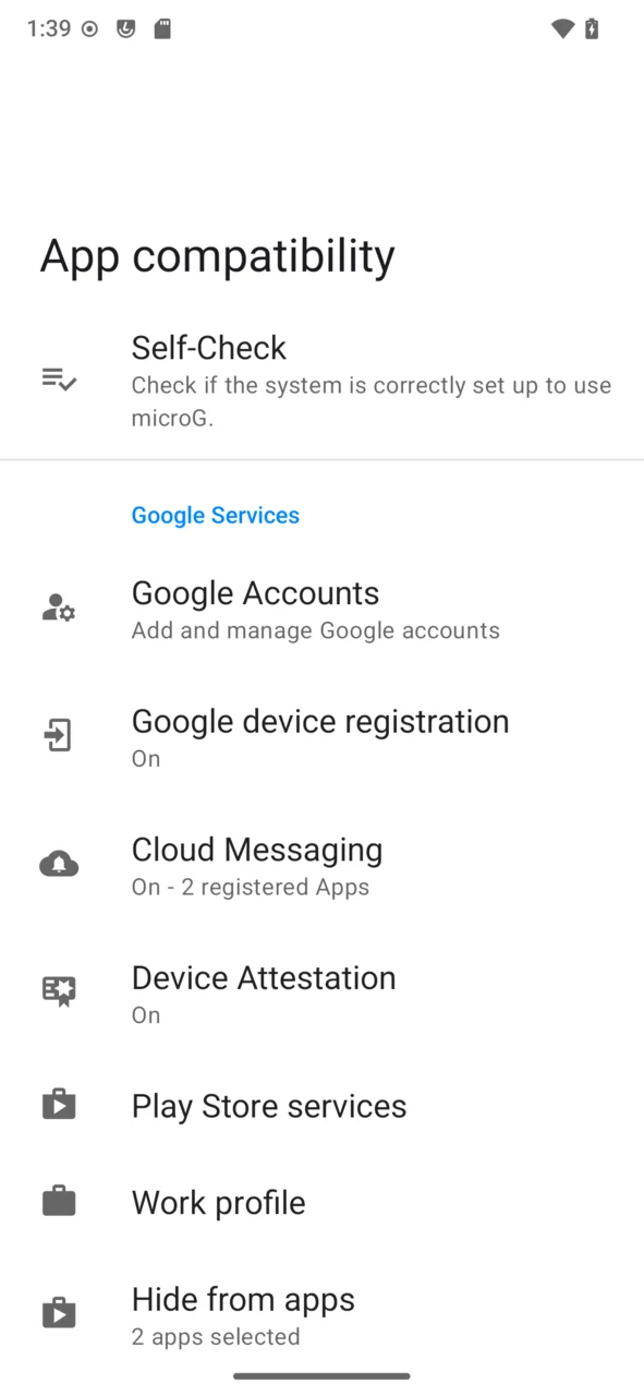 microG App compatibility settings on /e/OS