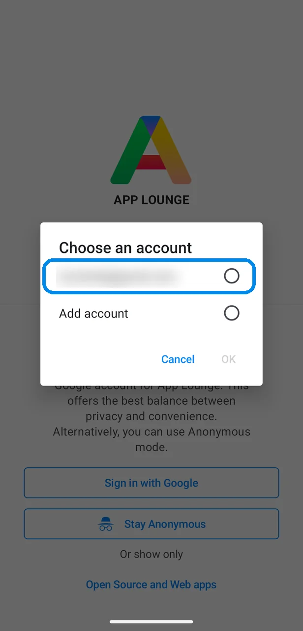 Choosing your Google account in App Lounge