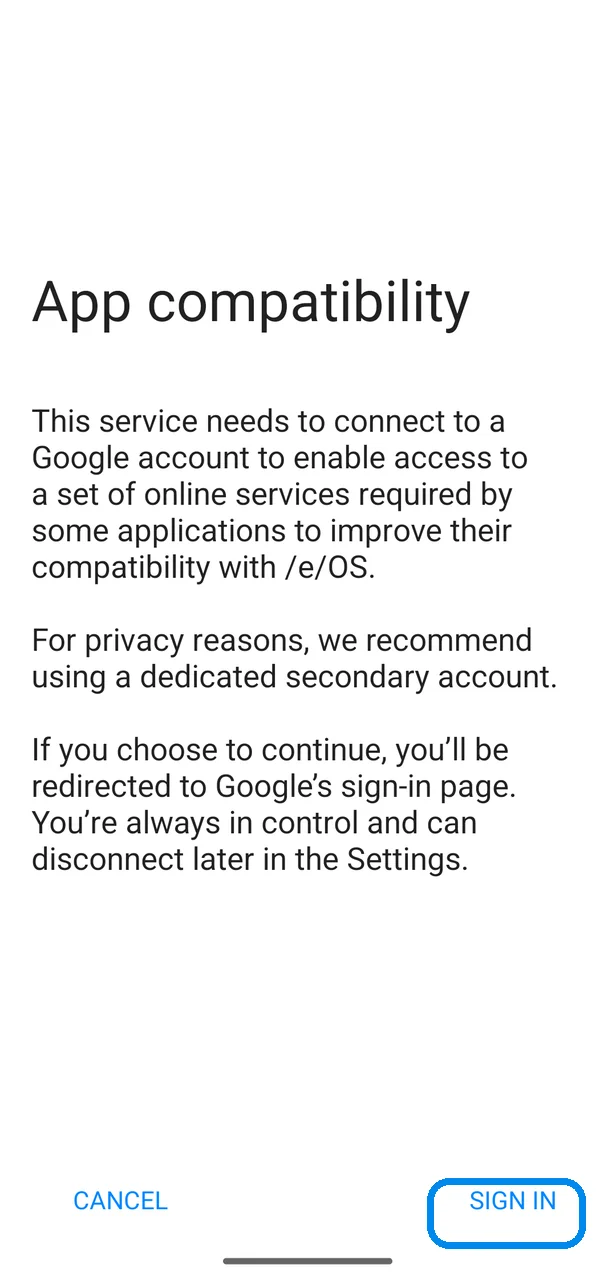 The /e/OS App compatibility notice shown before signing in to Google
