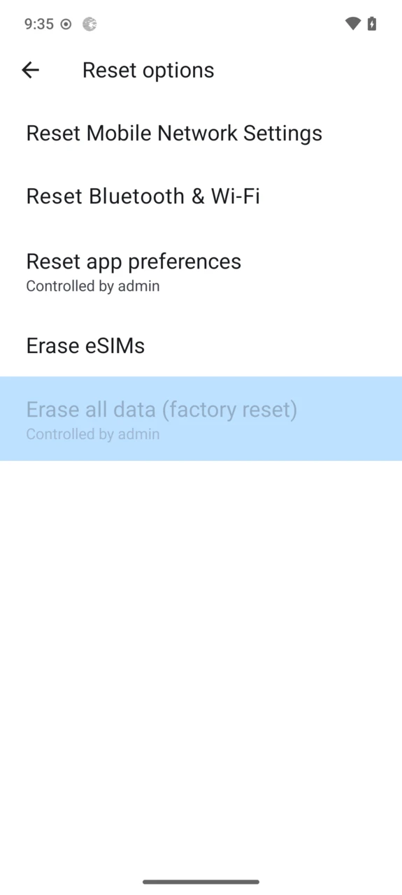 Factory reset controlled by admin