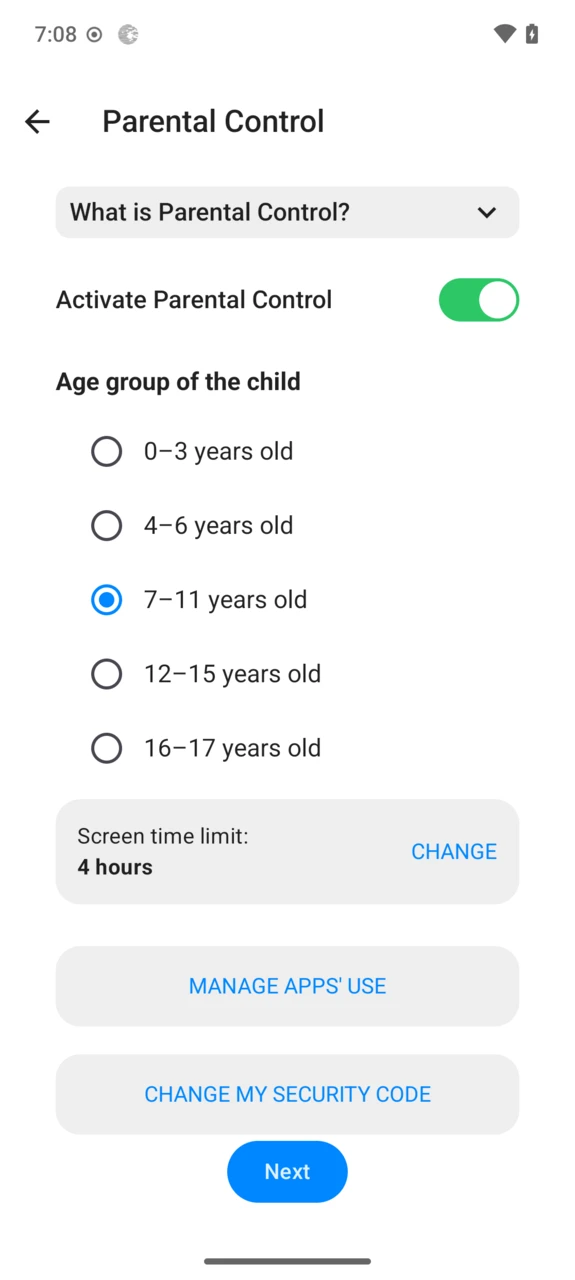 Parental Control management screen once active