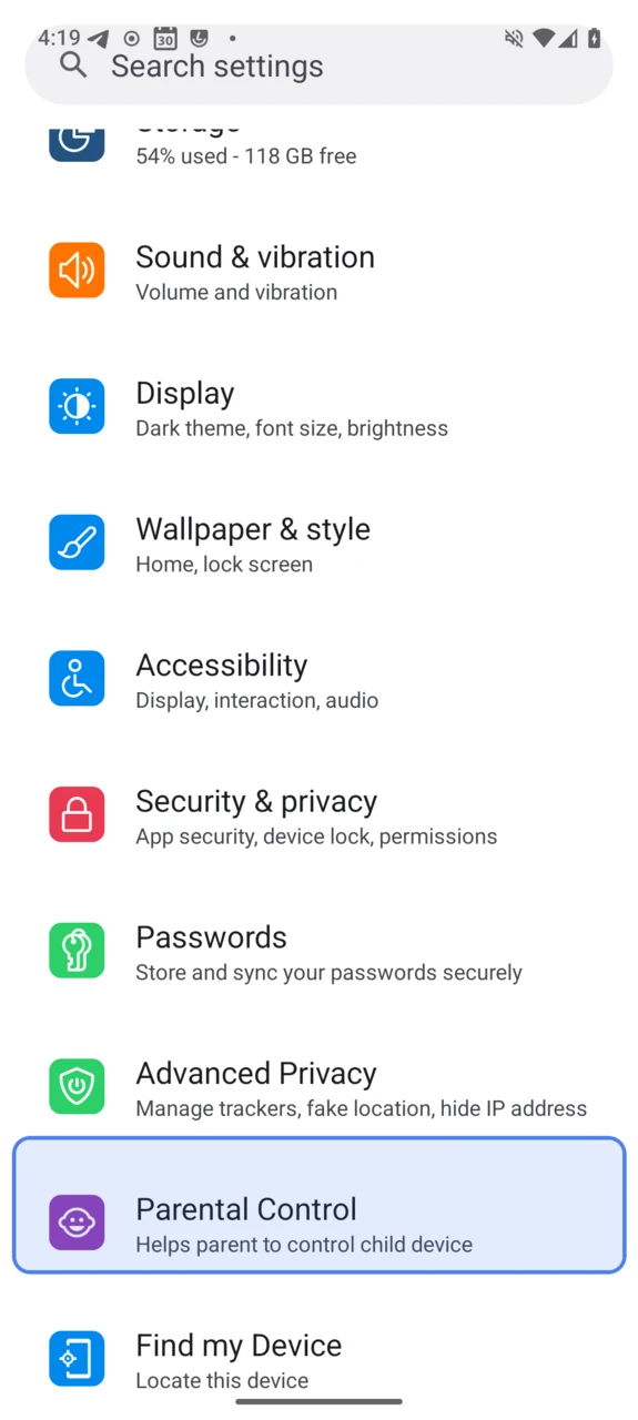 Parental Control entry in the system settings