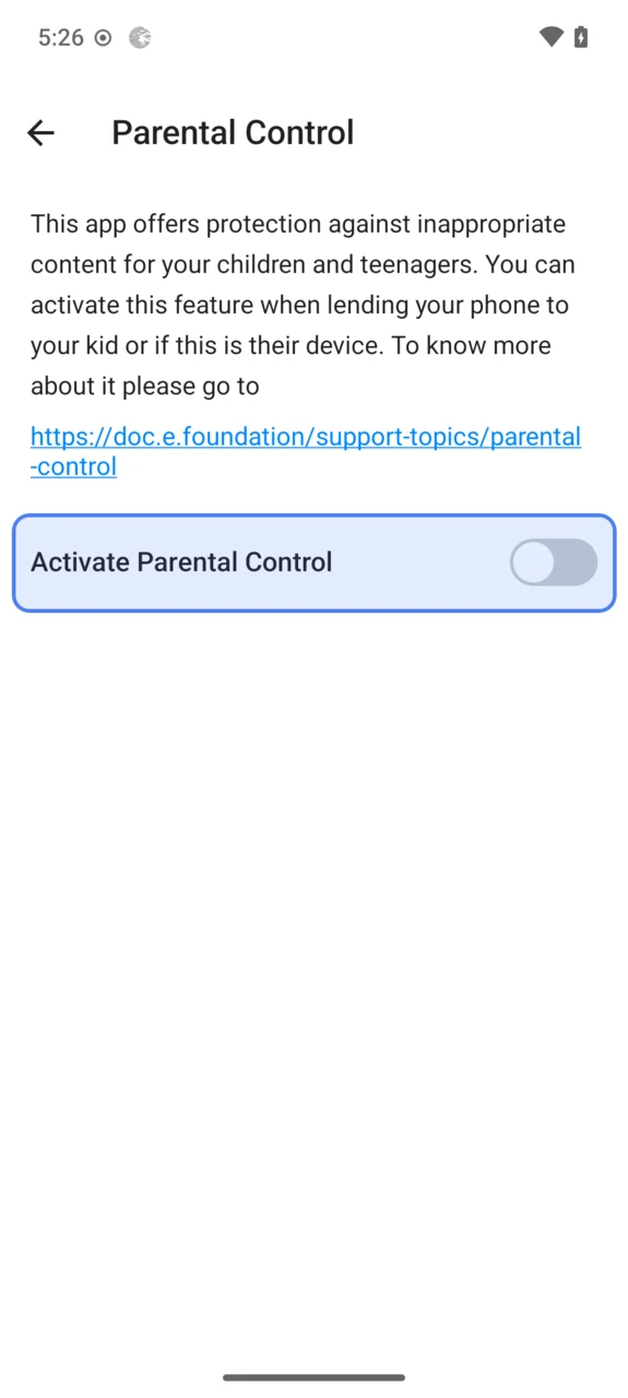 Activate Parental Control toggle