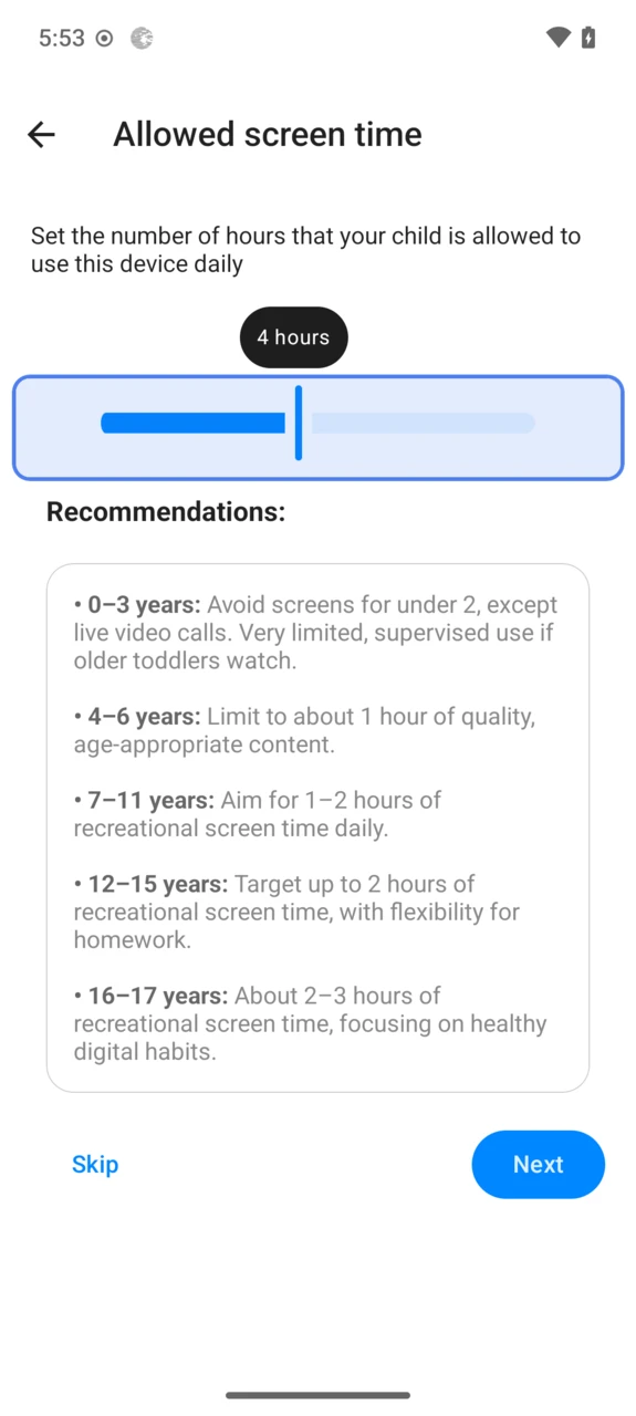 Allowed screen time with per-age recommendations