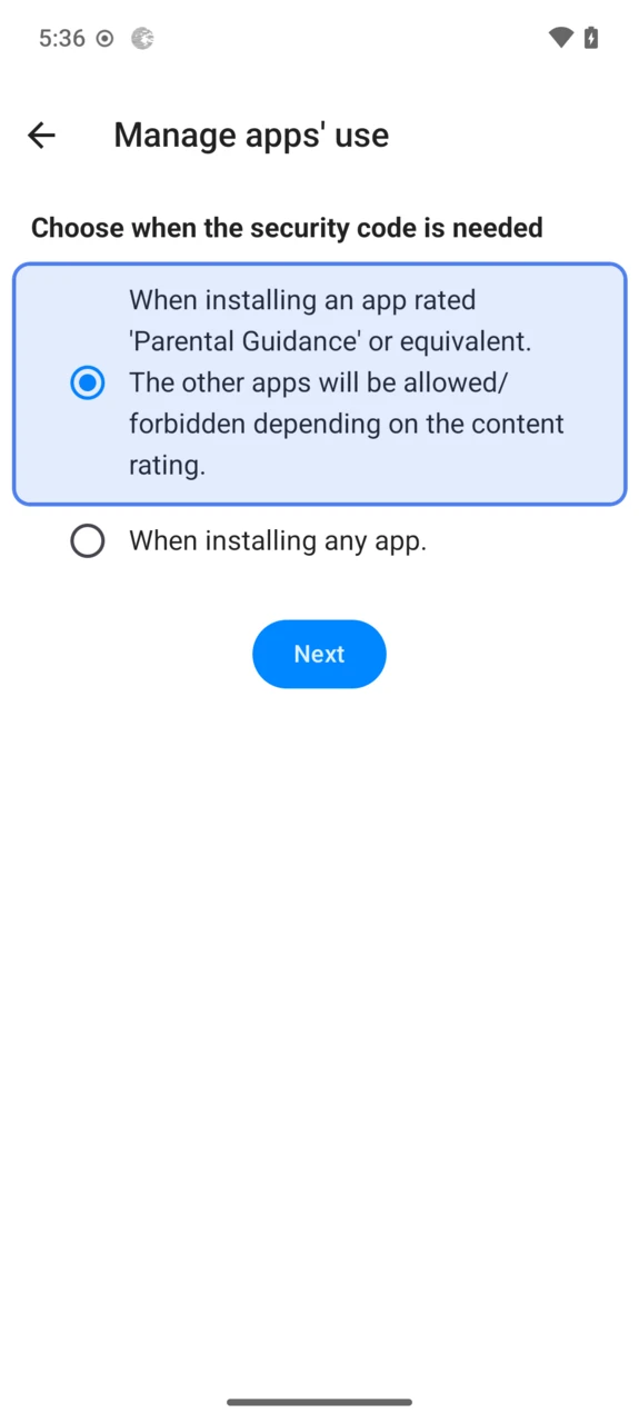 Choosing when the security code is needed