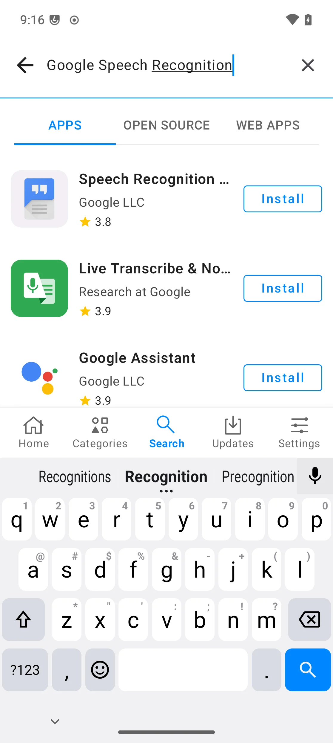 Résultats de recherche dans App Lounge pour “Google Speech Recognition”, affichant l’application Speech Recognition & Synthesis