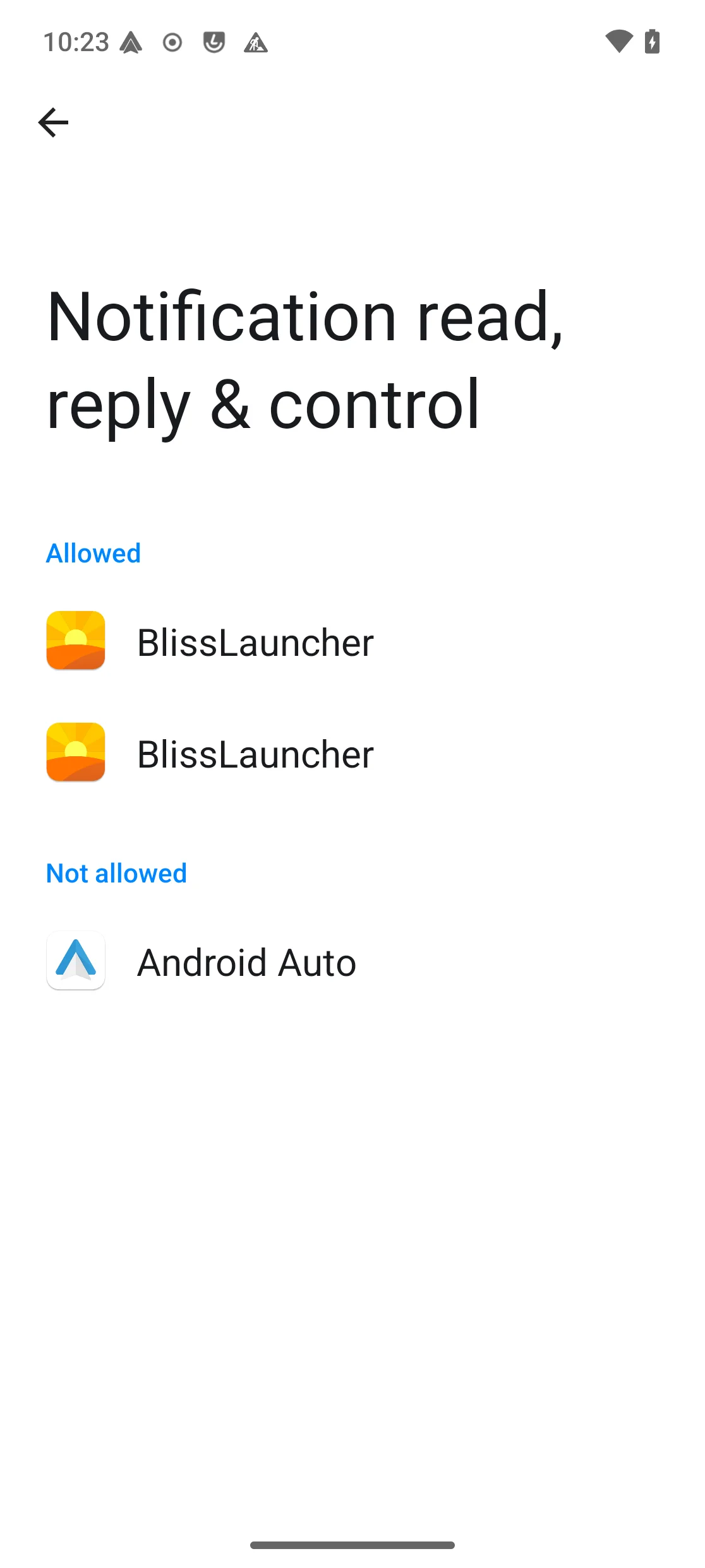 Page des paramètres d’accès aux notifications, avec Android Auto listé sous “Not allowed”