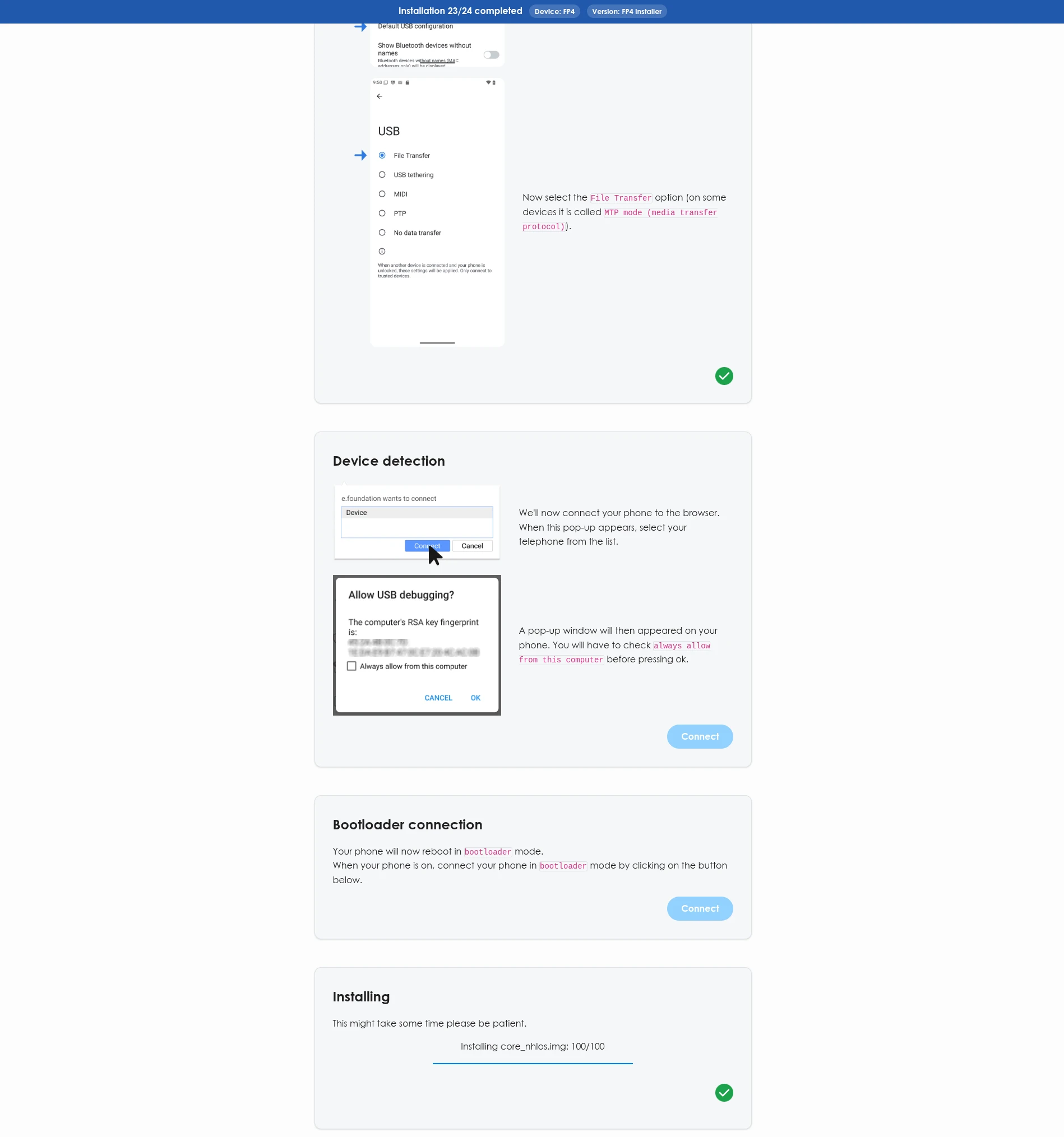 The /e/OS Installer walking through device detection, bootloader connection and flashing on a Fairphone 4