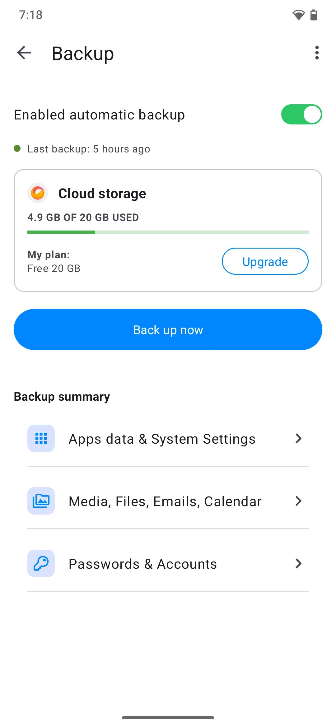 Backup progress screen during an active backup