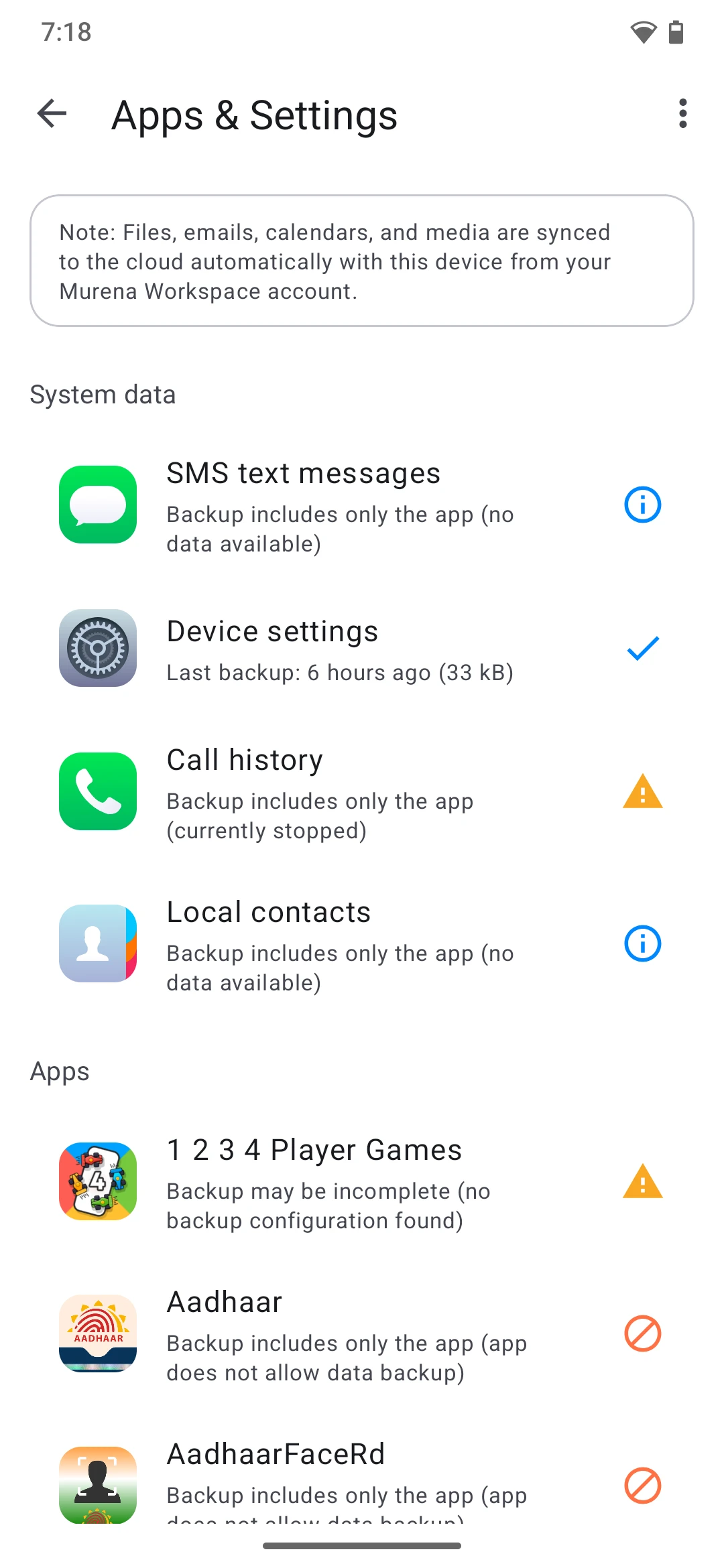 App backup status list in Backup app