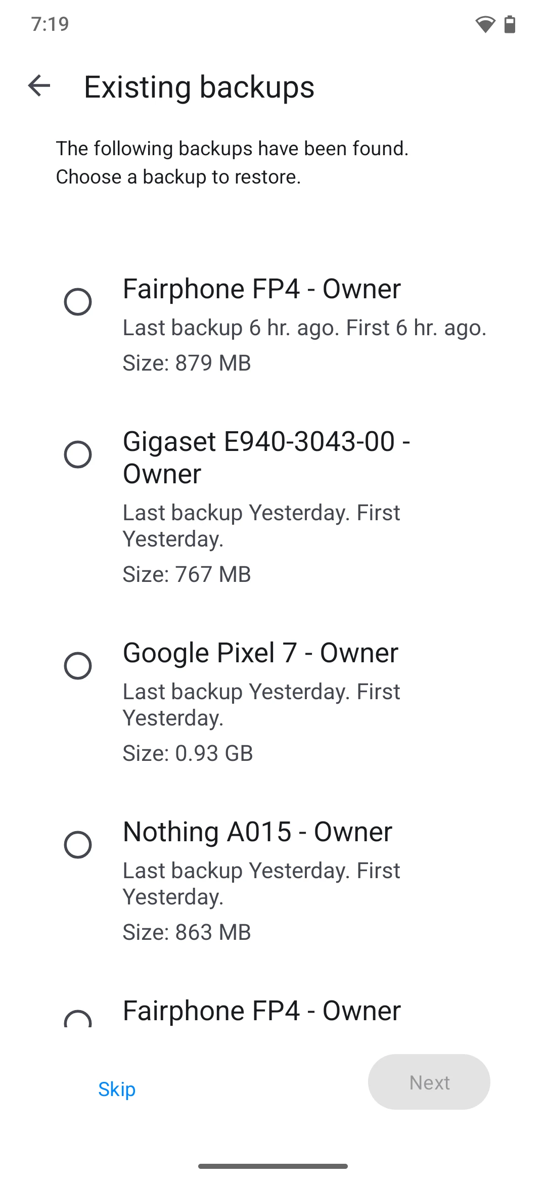 Backup selection list during restore
