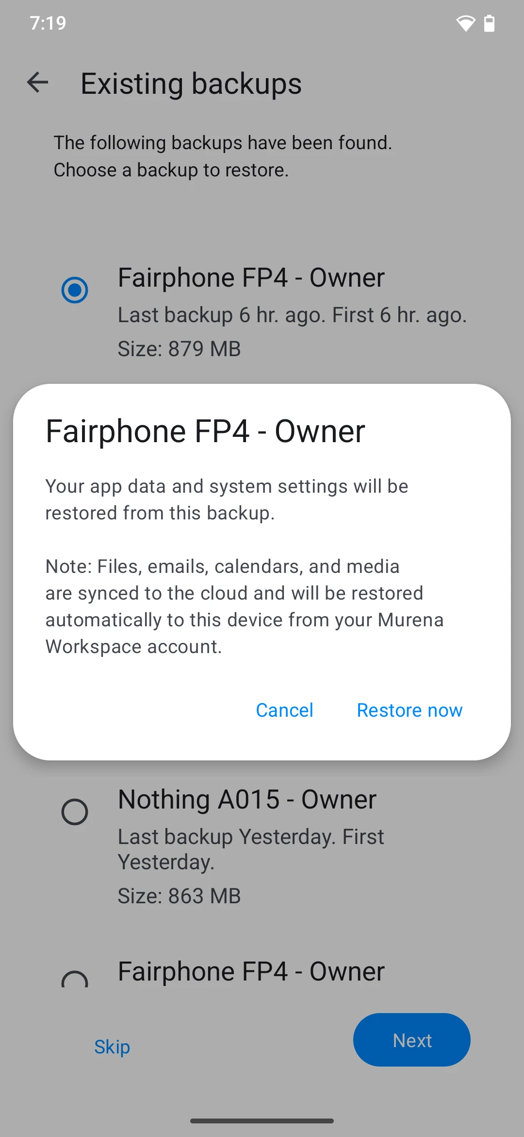 Backup restore details screen before confirmation