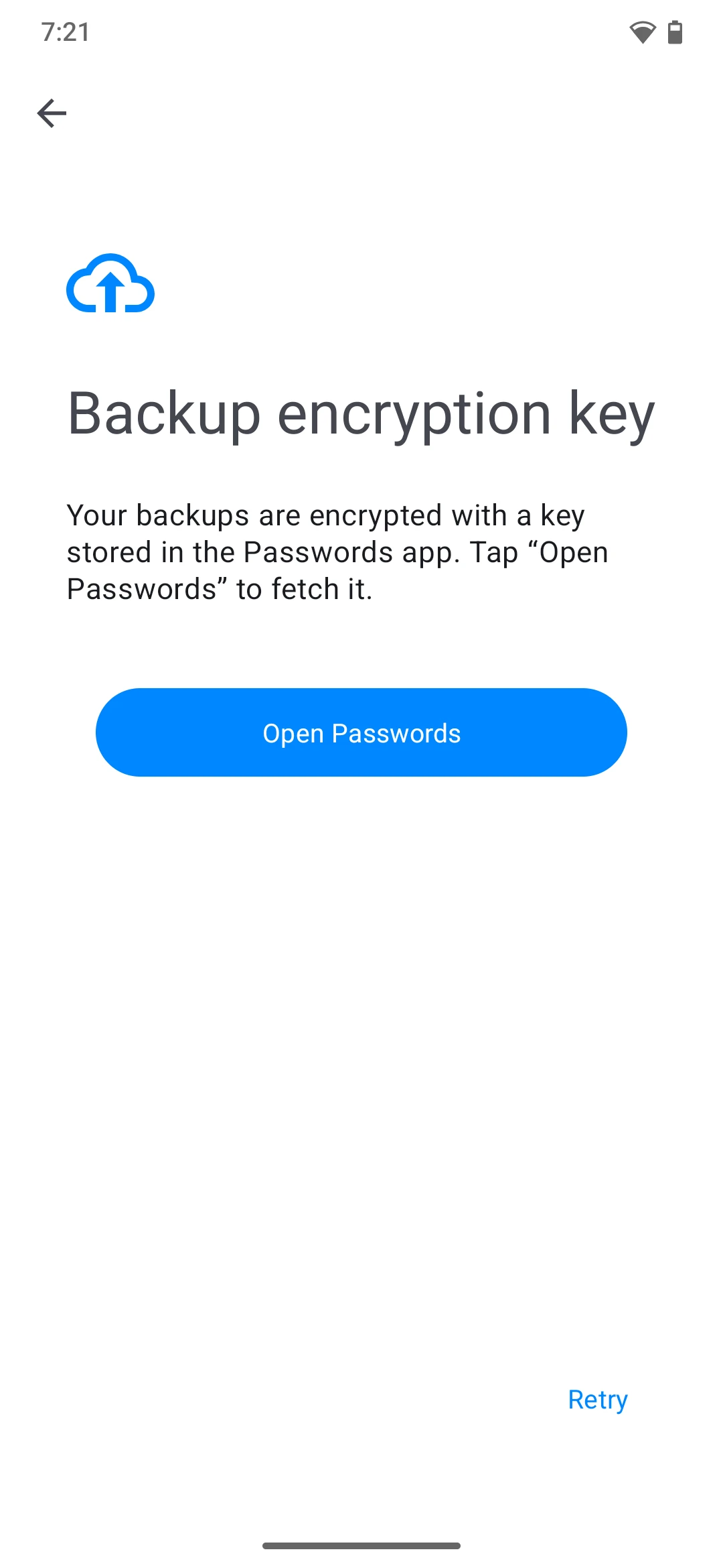 Prompt to open Passwords app for backup key setup
