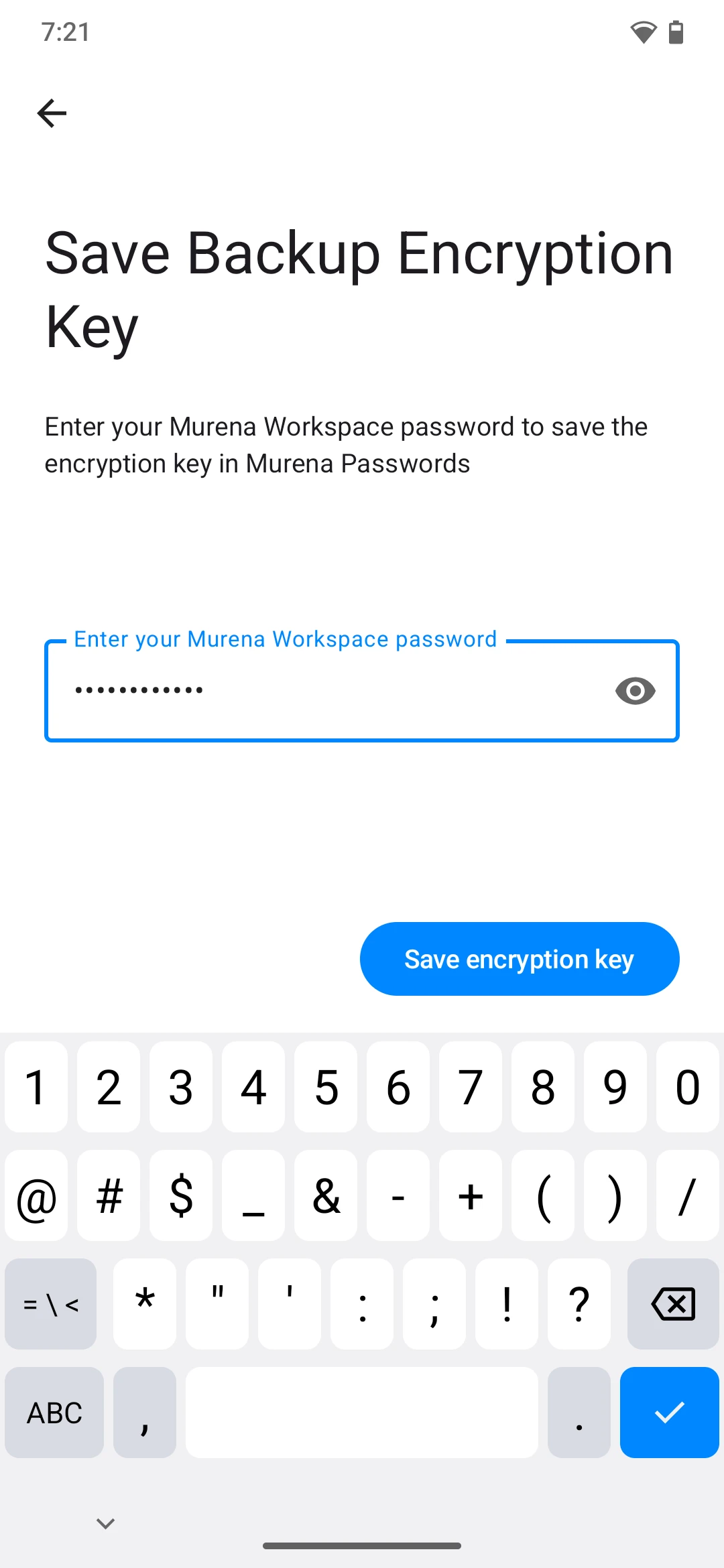 Backup key confirmation screen