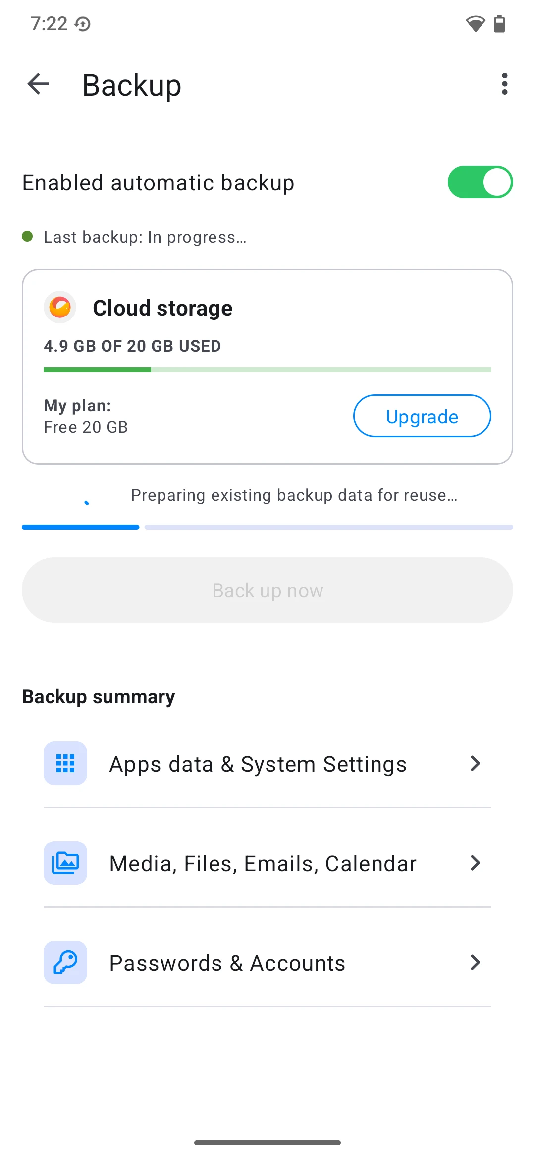 Backup app screen before confirming backup