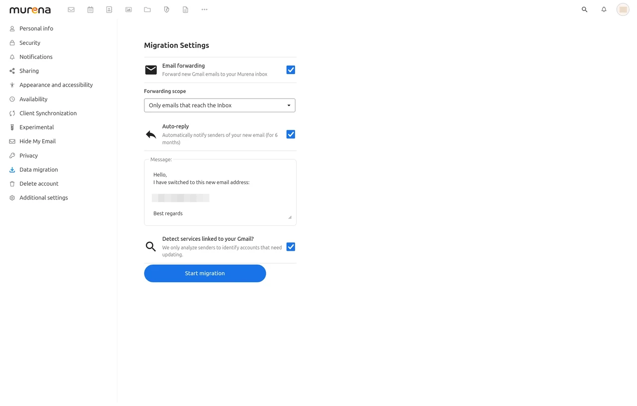 Migration settings screen